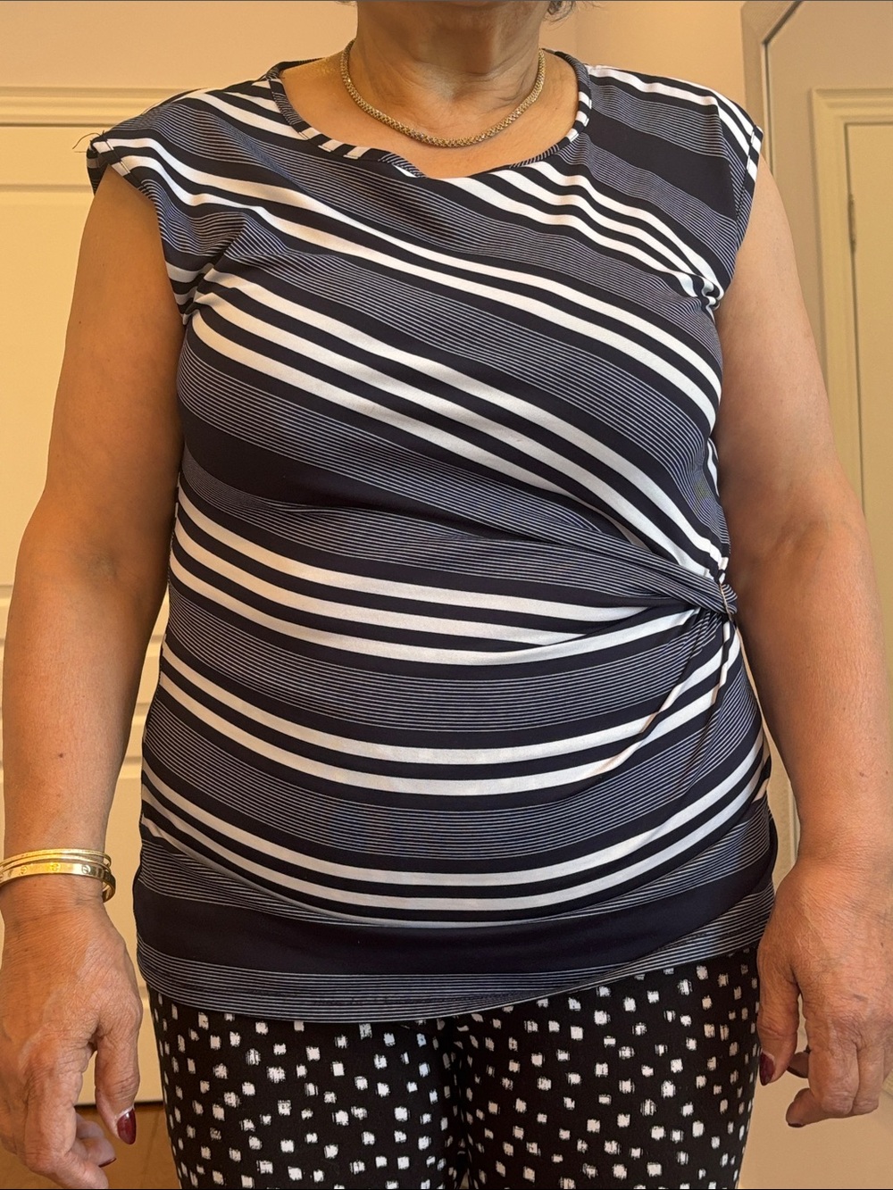Striped Navy and White Twist-Detail Cap-Sleeve Tank Top